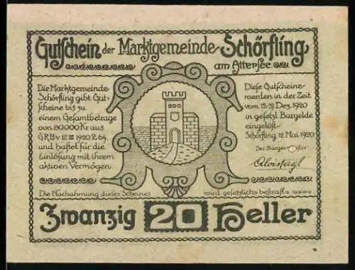 Notgeld Schörfling 1920, 20 Heller, Burg mit Tor und Gebäuden, kunstvolle Verzierungen