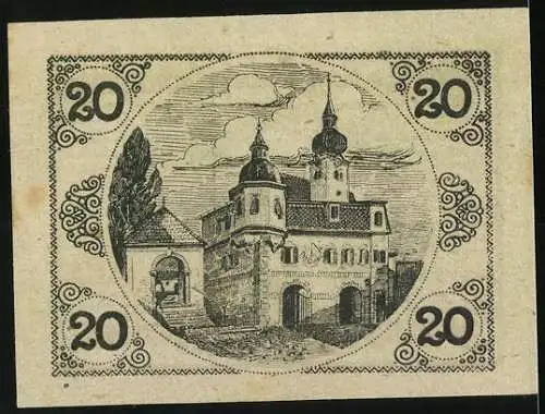 Notgeld Schörfling 1920, 20 Heller, Burg mit Tor und Gebäuden, kunstvolle Verzierungen