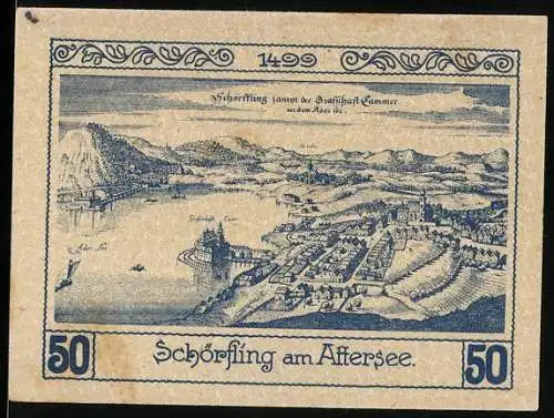 Notgeld Schörfling am Attersee 1920, 50 Heller, historische Stadtansicht und Wappen mit Burgmotiv