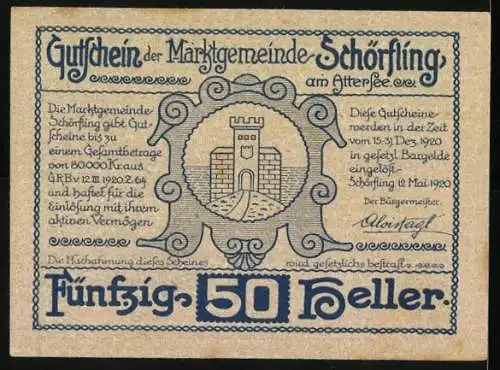 Notgeld Schörfling am Attersee 1920, 50 Heller, historische Stadtansicht und Wappen mit Burgmotiv