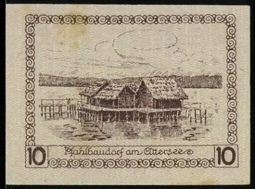 Notgeld Schörfling 1920, 10 Heller, Pfahlbaudorf am Attersee, Burgtor im Wappen