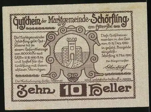 Notgeld Schörfling 1920, 10 Heller, Pfahlbaudorf am Attersee, Burgtor im Wappen