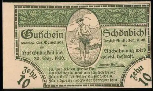 Notgeld Schönbichl 1920, 10 Heller, Bauer mit Landschaftsmotiv, Zweite Auflage