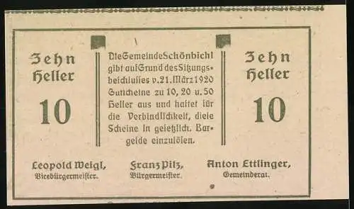 Notgeld Schönbichl 1920, 10 Heller, Bauer mit Landschaftsmotiv, Zweite Auflage