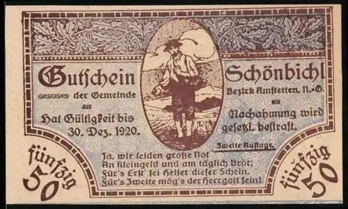 Notgeld Schönbichl 1920, 50 Heller, Bauer mit Landschaftsmotiv, gültig bis 30. Dezember 1920