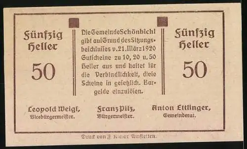 Notgeld Schönbichl 1920, 50 Heller, Bauer mit Landschaftsmotiv, gültig bis 30. Dezember 1920