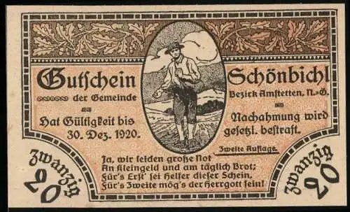 Notgeld Schönbichl 1920, 20 Heller, Bauer mit Landschaftsmotiv, Eichenblattverzierung