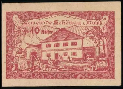 Notgeld Schönau i. Mühlk. 1920, 10 Heller, ländliche Szene mit Bauernhof und Frau