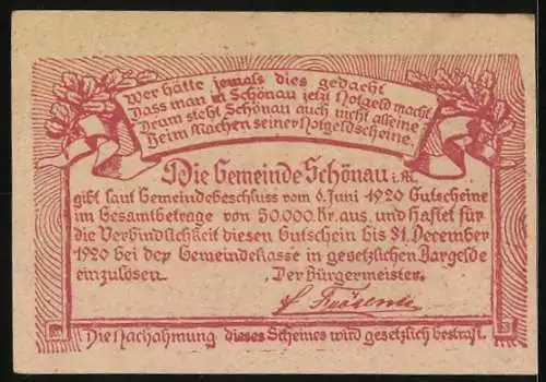 Notgeld Schönau i. Mühlk. 1920, 10 Heller, ländliche Szene mit Bauernhof und Frau