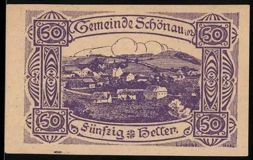 Notgeld Schönau 1920, 50 Heller, Dorflandschaft und Text mit Eichenlaubornamenten