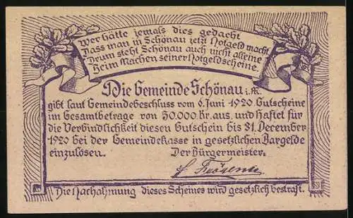 Notgeld Schönau 1920, 50 Heller, Dorflandschaft und Text mit Eichenlaubornamenten