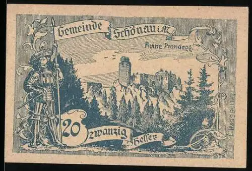 Notgeld Schönau i. M. 1920, 20 Heller, Ruine Prandegg und Ritter