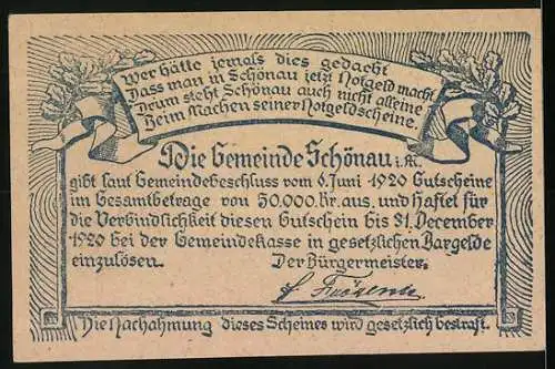 Notgeld Schönau i. M. 1920, 20 Heller, Ruine Prandegg und Ritter