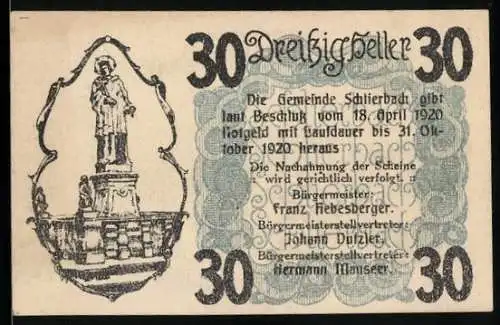 Notgeld Schlierbach 1920, 30 Heller, Statue und Landschaftsansicht von Schlierbach