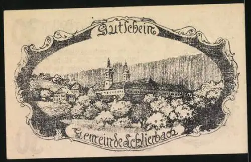 Notgeld Schlierbach 1920, 30 Heller, Statue und Landschaftsansicht von Schlierbach