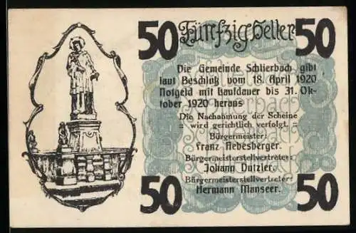 Notgeld Schlierbach 1920, 50 Heller, Statue und Klosteransicht, Gutschein der Gemeinde Schlierbach