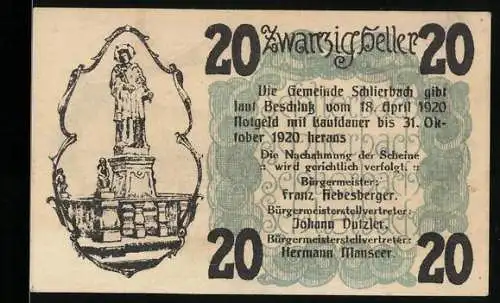 Notgeld Schlierbach 1920, 20 Heller, Statue und Klosteransicht