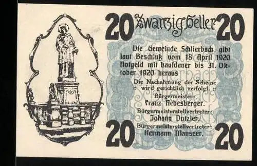 Notgeld Schlierbach 1920, 20 Heller, Statue und Landschaftsansicht der Gemeinde Schlierbach