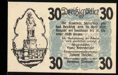 Notgeld Schlierbach 1920, 30 Heller, Statue und Landschaftsansicht der Gemeinde Schlierbach