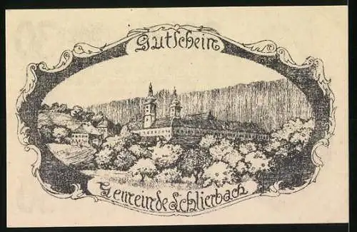 Notgeld Schlierbach 1920, 30 Heller, Statue und Landschaftsansicht der Gemeinde Schlierbach