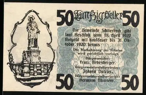 Notgeld Schlierbach 1920, 50 Heller, Statue auf Brunnen und Klosterlandschaft