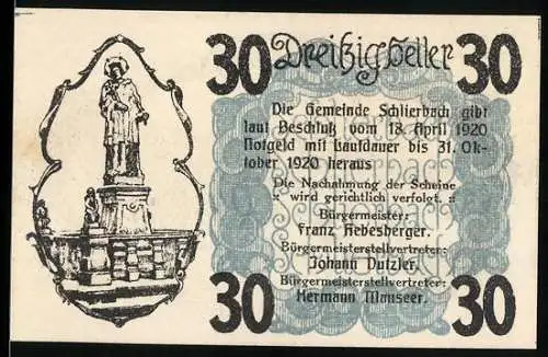 Notgeld Schlierbach 1920, 30 Heller, Statue und Klosteransicht