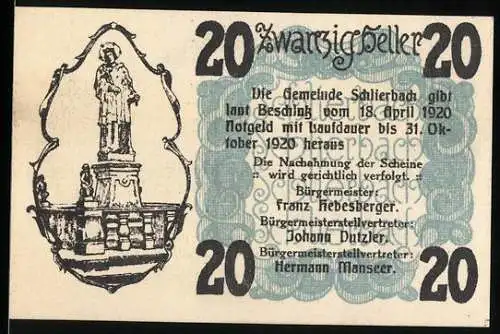 Notgeld Schlierbach 1920, 20 Heller, Statue und Klosteransicht