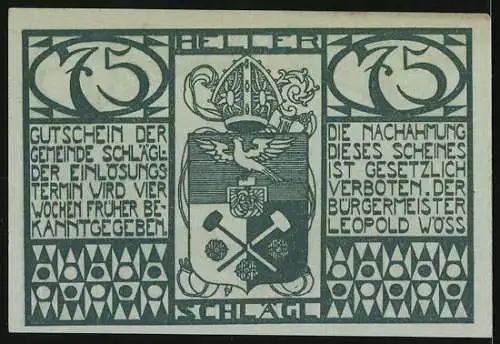 Notgeld Schlägl, 75 Heller, Landschaft mit Kirche und Wappen mit gekreuzten Hämmern