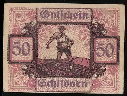 Notgeld Schildorn 1920, 50 Heller, Bauer auf dem Feld und Erntewerkzeuge-Motiv