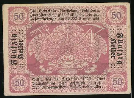 Notgeld Schildorn 1920, 50 Heller, Bauer auf dem Feld und Erntewerkzeuge-Motiv