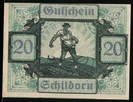 Notgeld Schildorn 1920, 20 Heller, Bauer bei der Aussaat mit landwirtschaftlichen Geräten