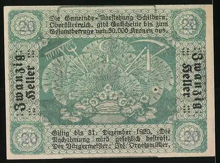 Notgeld Schildorn 1920, 20 Heller, Bauer bei der Aussaat mit landwirtschaftlichen Geräten