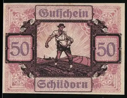 Notgeld Schildorn 1920, 50 Heller, Bauer beim Säen mit landwirtschaftlichen Werkzeugen im Hintergrund