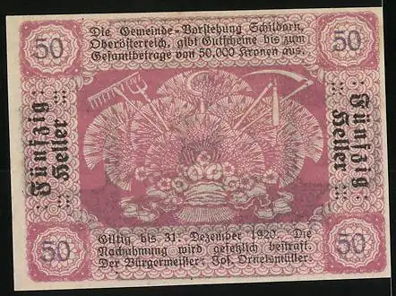 Notgeld Schildorn 1920, 50 Heller, Bauer beim Säen mit landwirtschaftlichen Werkzeugen im Hintergrund