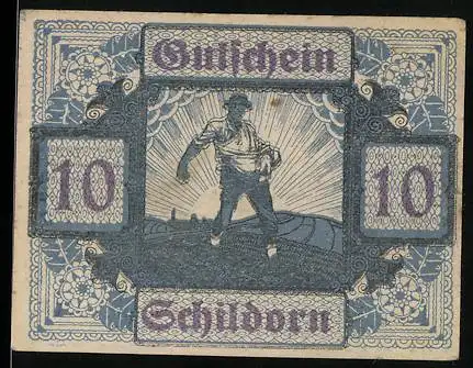 Notgeld Schildorn, 10 Heller, Bauer mit Sonnenstrahlen und landwirtschaftliche Geräte im Ziermuster