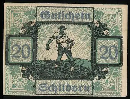 Notgeld Schildorn 1920, 20 Heller, Bauer bei der Aussaat und landwirtschaftliche Werkzeuge