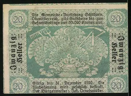 Notgeld Schildorn 1920, 20 Heller, Bauer bei der Aussaat und landwirtschaftliche Werkzeuge