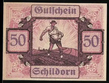 Notgeld Schildorn 1920, 50 Heller, Bauer beim Säen, Erntewerkzeuge und Getreidebündel