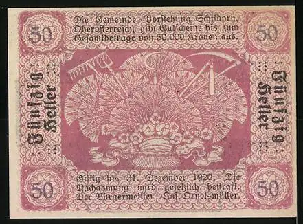 Notgeld Schildorn 1920, 50 Heller, Bauer beim Säen, Erntewerkzeuge und Getreidebündel