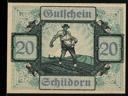 Notgeld Schiltern 1920, 20 Heller, Bauer bei der Feldarbeit und landwirtschaftliche Werkzeuge