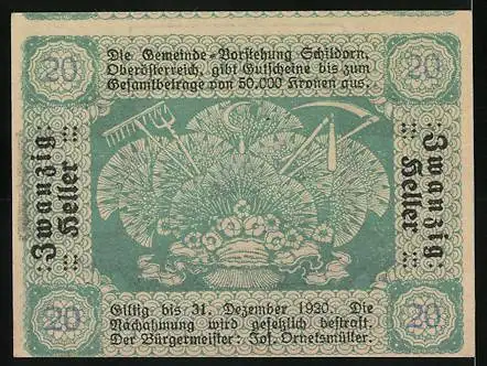 Notgeld Schiltern 1920, 20 Heller, Bauer bei der Feldarbeit und landwirtschaftliche Werkzeuge