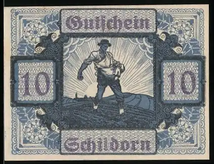 Notgeld Schildorn 1920, 10 Heller, Bauer bei Sonnenaufgang und landwirtschaftliche Werkzeuge im Blumendekor