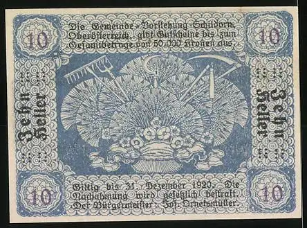 Notgeld Schildorn 1920, 10 Heller, Bauer bei Sonnenaufgang und landwirtschaftliche Werkzeuge im Blumendekor