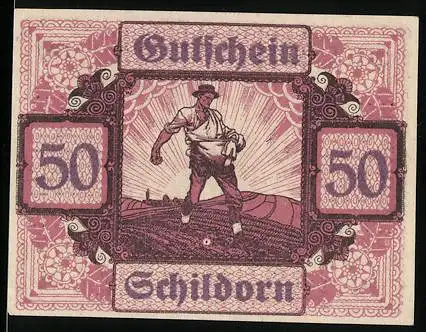 Notgeld Schildorn 1920, 50 Heller, Bauer bei der Aussaat, Getreide und Werkzeuge als Motiv