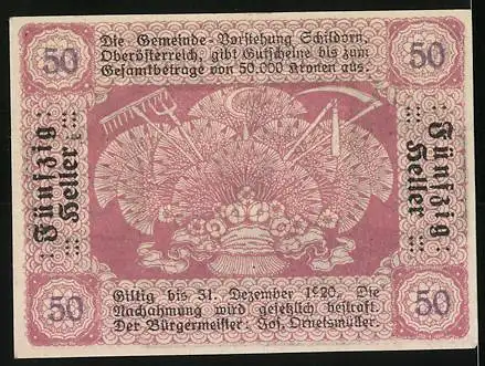 Notgeld Schildorn 1920, 50 Heller, Bauer bei der Aussaat, Getreide und Werkzeuge als Motiv