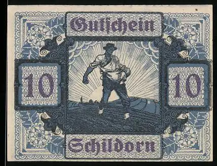 Notgeld Schildorn 1920, 10 Heller, Bauer im Feld und landwirtschaftliche Symbole