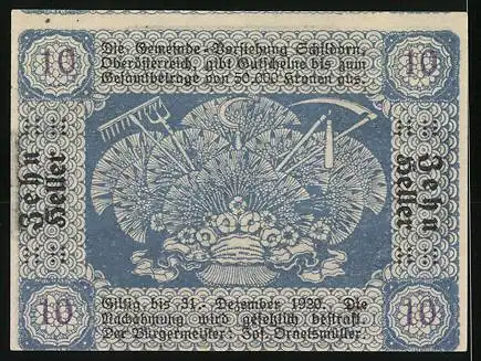 Notgeld Schildorn 1920, 10 Heller, Bauer im Feld und landwirtschaftliche Symbole