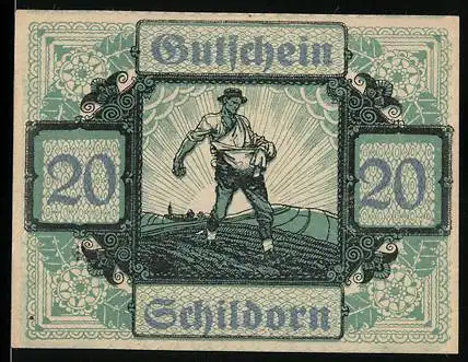 Notgeld Schildorn 1920, 20 Heller, Bauer auf Feld und bäuerliche Symbole