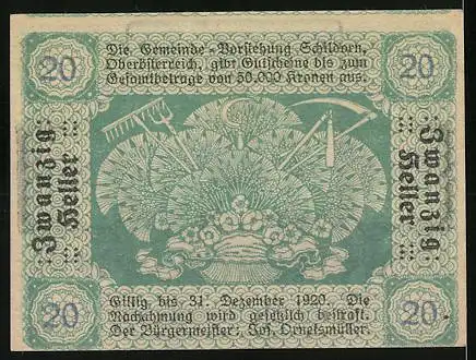 Notgeld Schildorn 1920, 20 Heller, Bauer auf Feld und bäuerliche Symbole