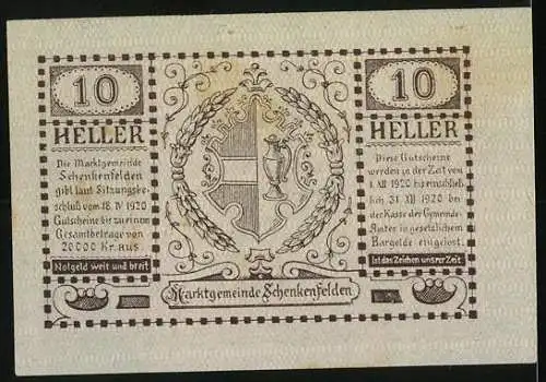 Notgeld Schenkenfelden 1920, 10 Heller, Gemeindeamt mit Wappen und Inschrift